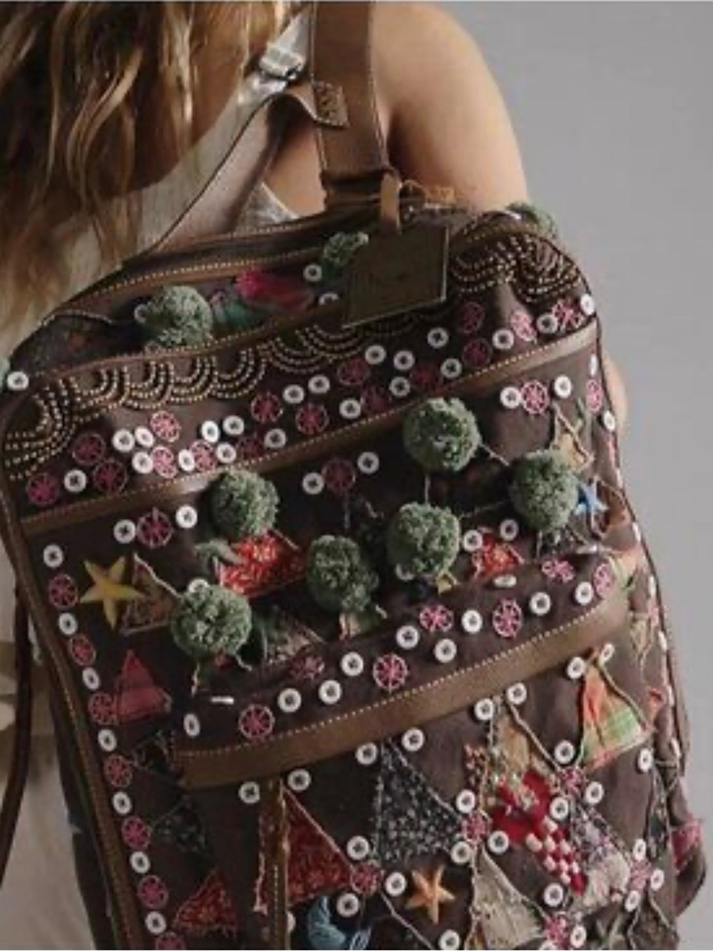 Embroidered Boho Brown Women's Backpack with Pom Pom Accents